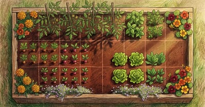Top-down view of a 4 by 8 foot raised garden bed with companion planting layout featuring tall tomatoes on the north edge, basil and parsley clustered around them, gridded carrot and lettuce blocks, and marigolds and nasturtiums at the corners