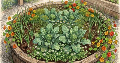 Top-down view of a raised garden bed planted with a broccoli companion guild featuring mature broccoli heads, flowering dill and chamomile, nasturtiums trailing on the perimeter, onion and garlic rows, and white clover acting as living mulch