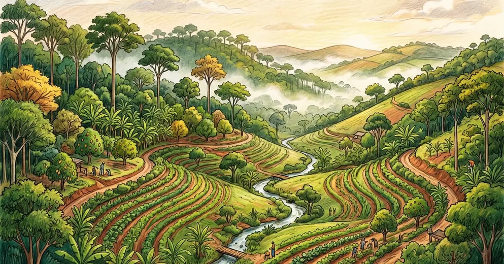 Aerial pencil-crayon landscape of a thriving syntropic agroforestry farm on rolling Brazilian hills with multi-layered canopy of timber trees, cacao, fruit trees, bananas, leafy crops, and a stream meandering through the valley