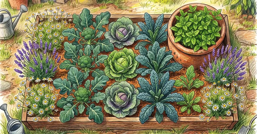 Top-down view of a 4 by 8 foot raised garden bed with mature broccoli, cabbage, and kale plants with a large terracotta pot of peppermint sunken at one corner, lavender and chamomile flowering at the edges