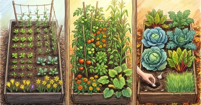 Pencil-crayon triptych view of a raised garden bed across three seasons: spring with pea trellis and brassica seedlings, summer with tomatoes and pole beans, fall with cabbage and garlic being planted