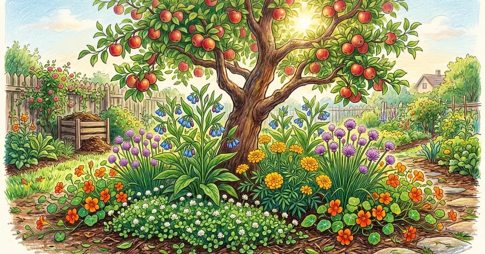 Pencil-crayon illustration of a mature backyard apple tree with red apples surrounded by a guild of understory plants including white clover, comfrey, marigolds, chives, and nasturtiums