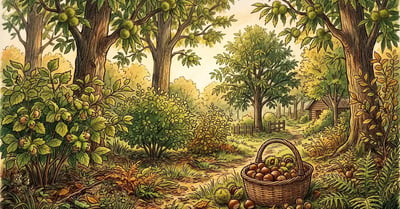 A mature homestead nut tree food forest in late summer with chestnut trees in the canopy laden with spiny burs, hazelnut shrubs at the edge, pecan at the back, and a basket of harvested chestnuts and hazelnuts in the foreground