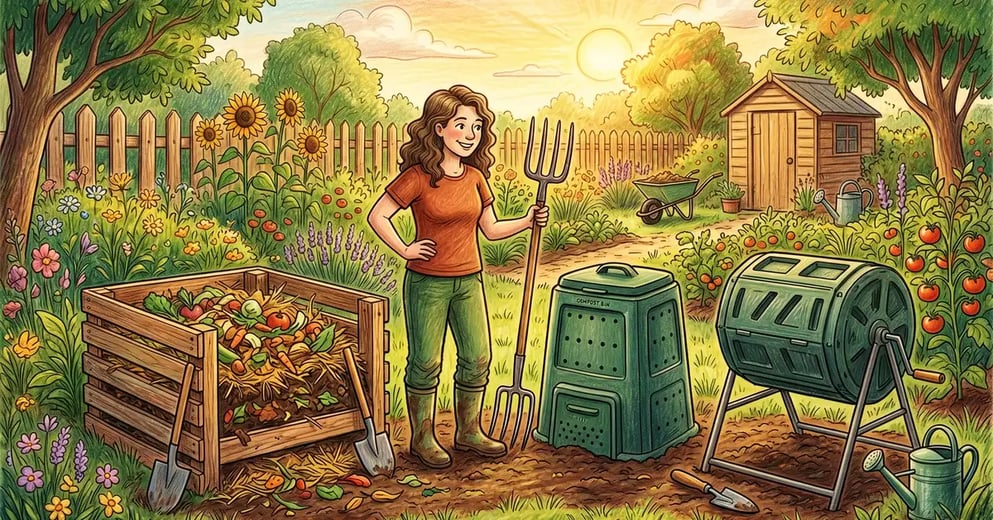 Three backyard composting setups: open pile, Geobin, and dual-chamber tumbler in a sunny garden