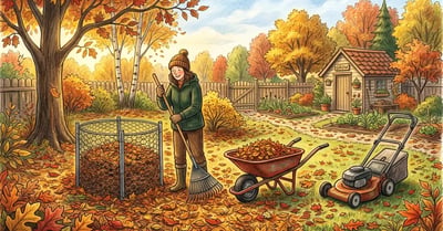 Person using a mower to shred fall leaves on a suburban lawn in autumn
