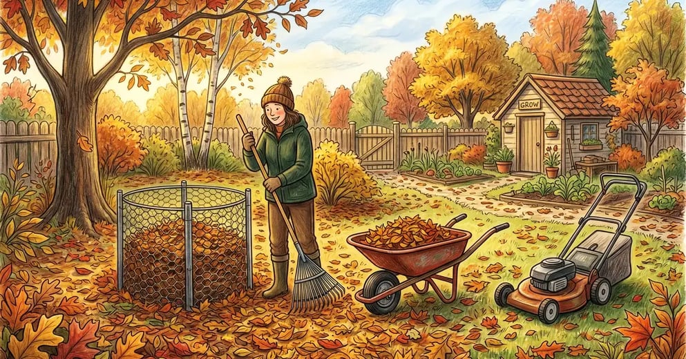 Person using a mower to shred fall leaves on a suburban lawn in autumn