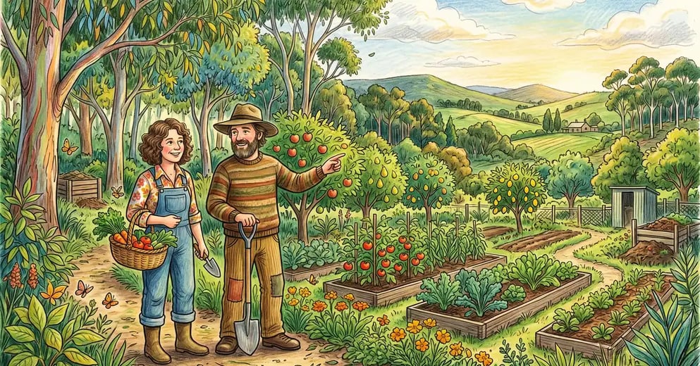 Two gardeners observing a lush Australian permaculture garden in 1970s Tasmania with eucalyptus and food forest
