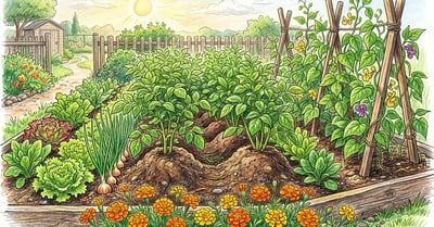 Home vegetable garden bed with potato plants surrounded by beans, marigolds, onions, and lettuce companions