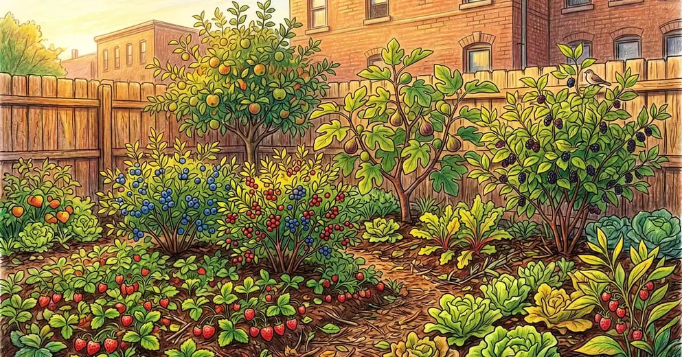 Small urban backyard syntropic garden at golden hour with dwarf apple tree, fig, blueberry bushes, and dense ground cover