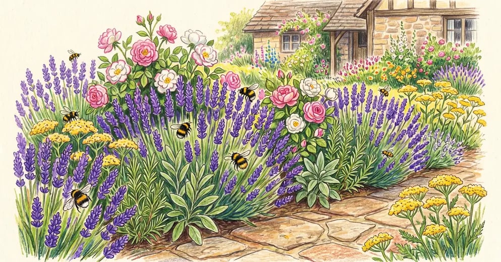 Cottage garden border in summer bloom with rows of English lavender, pink and white roses, rosemary, sage, and yellow yarrow visited by bees