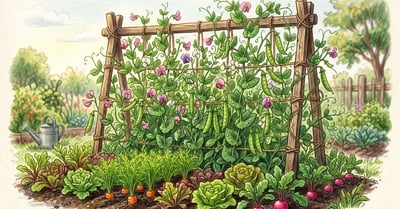 Spring vegetable garden with English peas climbing a wooden trellis surrounded by carrots, lettuce, and radishes
