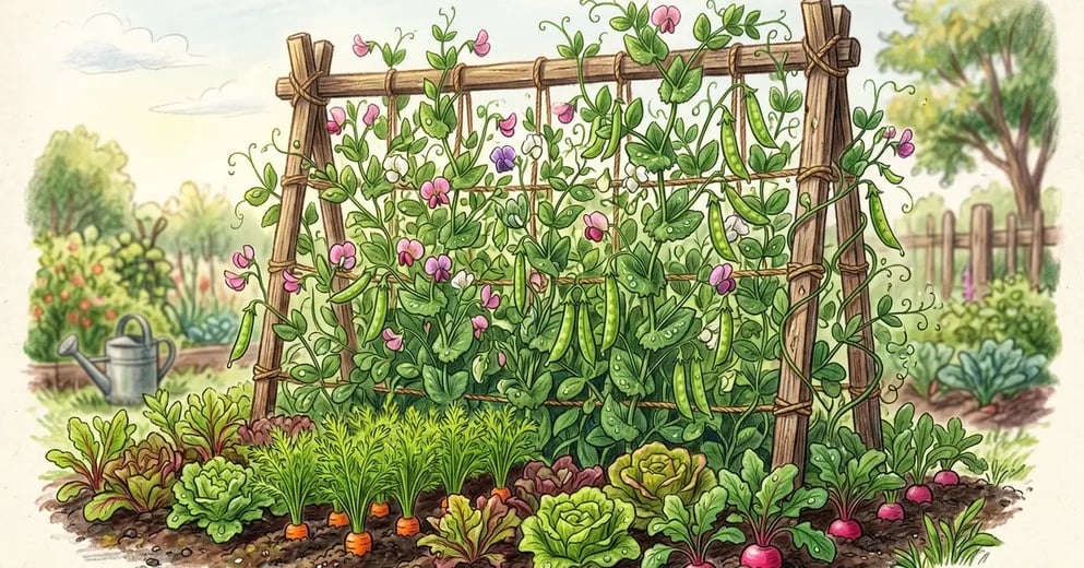 Spring vegetable garden with English peas climbing a wooden trellis surrounded by carrots, lettuce, and radishes