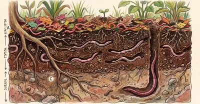 Cross-section of healthy garden soil showing earthworm tunnels and the three groups of worms in their habitats