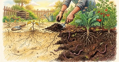 Cross-section of sandy soil being transformed with compost showing the boundary between dry sand and rich amended soil