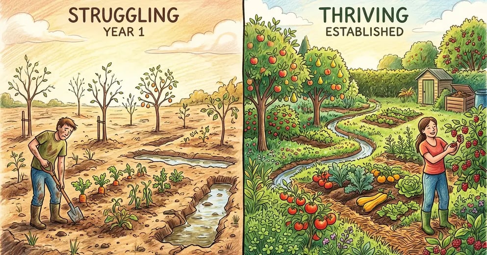 Split-scene comparison of a struggling first-year permaculture garden versus a thriving established one