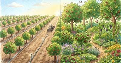 Split-scene comparison of a traditional commercial apple orchard versus a multi-strata food forest