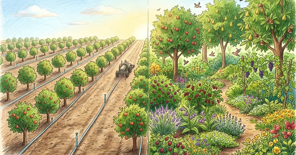 Split-scene comparison of a traditional commercial apple orchard versus a multi-strata food forest