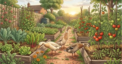 Three Indian Runner ducks foraging in a permaculture vegetable garden with raised beds