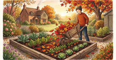 Wheelbarrow tipping autumn maple and oak leaves onto a raised vegetable garden bed in late October