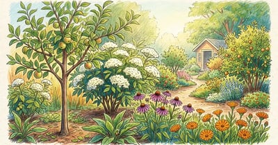 Lush homestead food forest with young apple tree, elderberry, echinacea, calendula and comfrey in early summer