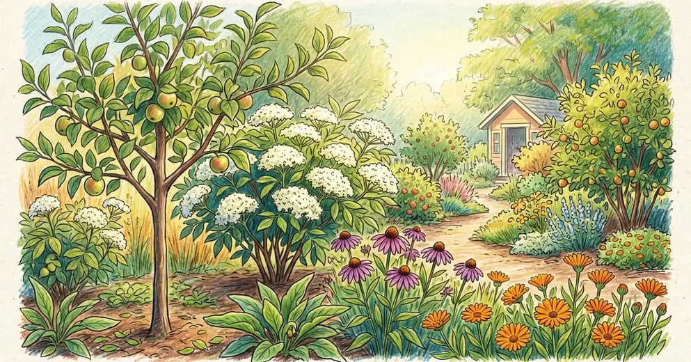 Lush homestead food forest with young apple tree, elderberry, echinacea, calendula and comfrey in early summer
