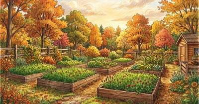 Backyard vegetable garden in late October with raised beds densely covered in cereal rye and crimson clover seedlings