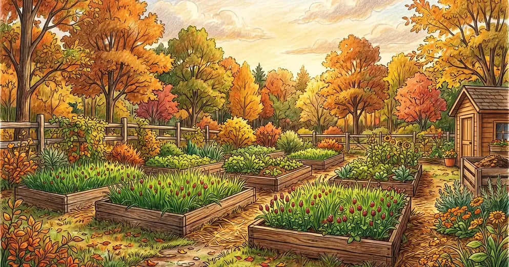 Backyard vegetable garden in late October with raised beds densely covered in cereal rye and crimson clover seedlings