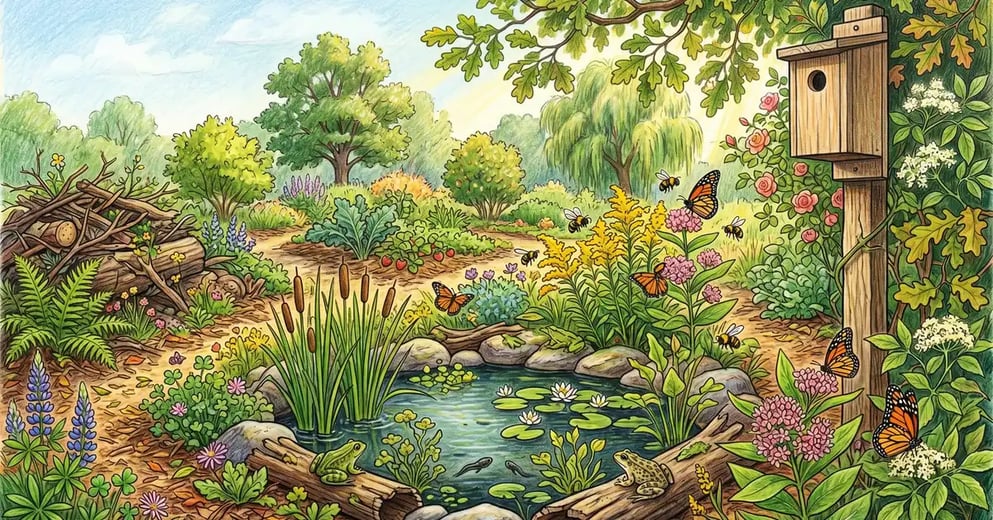 Thriving permaculture wildlife garden in late spring with pond, milkweed, monarch butterflies, brush pile, and bird box