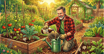 Gardener pouring liquid fish emulsion fertilizer from a brown bottle into a green watering can in a sunny vegetable garden