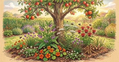 Mature apple tree guild in summer with comfrey, yarrow, nasturtium, clover, chives, daffodil and bee balm at the base