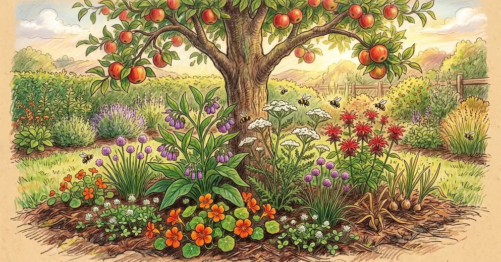 Mature apple tree guild in summer with comfrey, yarrow, nasturtium, clover, chives, daffodil and bee balm at the base