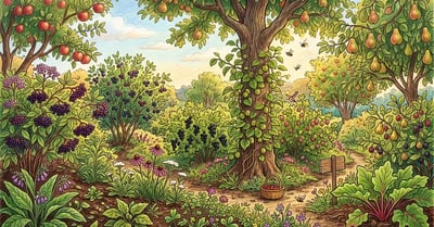 Thriving temperate food forest with apple and pear trees, elderberry and serviceberry, currant and gooseberry, comfrey and rhubarb in late summer