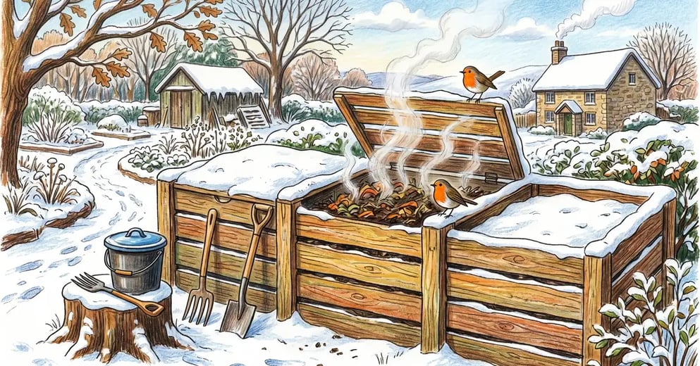 Snow-covered wooden 3-bin compost system in a winter backyard with steam rising from the active middle bin