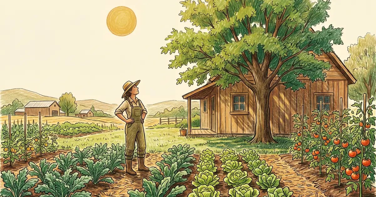 Homesteader observing the high summer sun and shade from a deciduous tree on the south side of a cottage