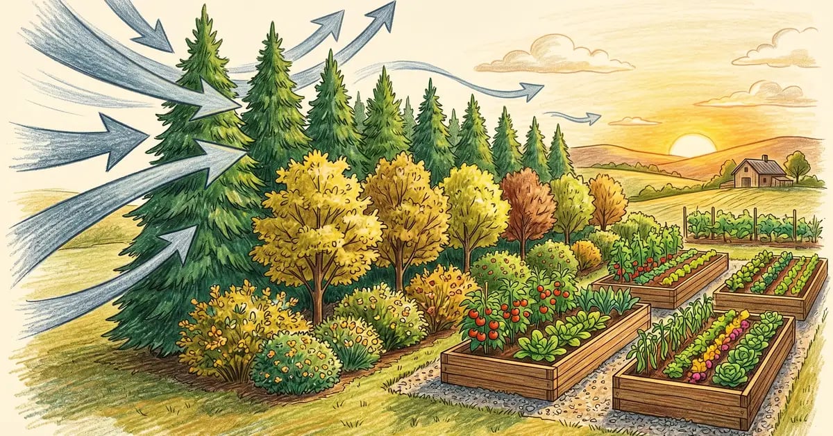 Multi-row windbreak with conifers, deciduous trees, and shrubs deflecting wind away from a protected vegetable garden