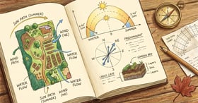 Permaculture observation journal open on a wooden table with hand-drawn sector maps, compass, and a sun path chart