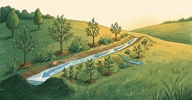 Contour swale with planted berm capturing rainwater across a gentle hillside