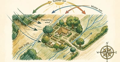Hand-illustrated permaculture sector map showing sun arcs, wind arrows, water flow, and wildlife paths overlaid on a homestead