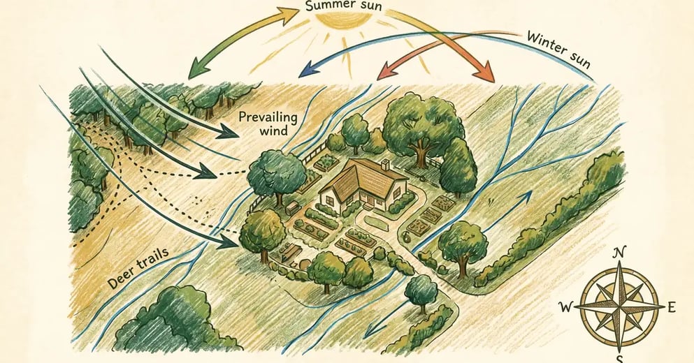 Hand-illustrated permaculture sector map showing sun arcs, wind arrows, water flow, and wildlife paths overlaid on a homestead