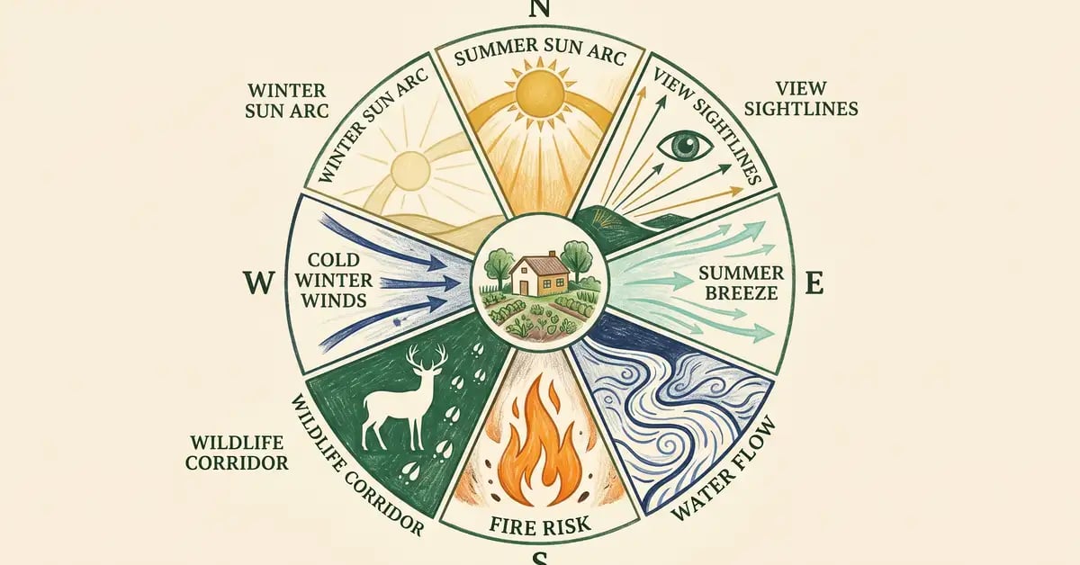 Compass-style permaculture sector diagram showing eight wedges for sun, wind, water, fire, wildlife, and view sightlines