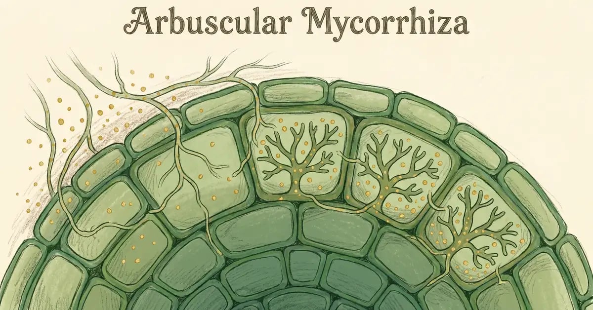 Cross-section illustration of an arbuscular mycorrhizal fungus forming tree-shaped arbuscules inside plant root cells with phosphorus moving from soil to plant