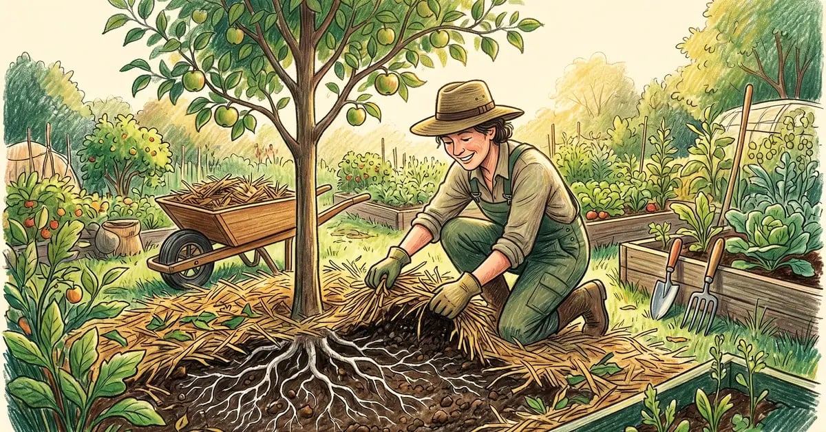 Gardener pulling back straw mulch to reveal dark crumbly soil and visible white mycorrhizal threads at the base of a young apple tree