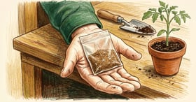 Gardener's open palm holding a small bag of granular mycorrhizal inoculant powder beside a tomato seedling and trowel on a potting bench