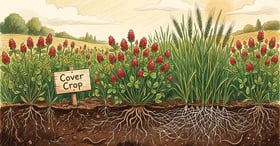 Cover crop bed with crimson clover and winter rye showing white mycorrhizal threads in the soil profile