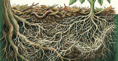 Cross-section of healthy garden soil showing tree and tomato roots intertwined with a glowing network of mycorrhizal hyphae and phosphorus particles