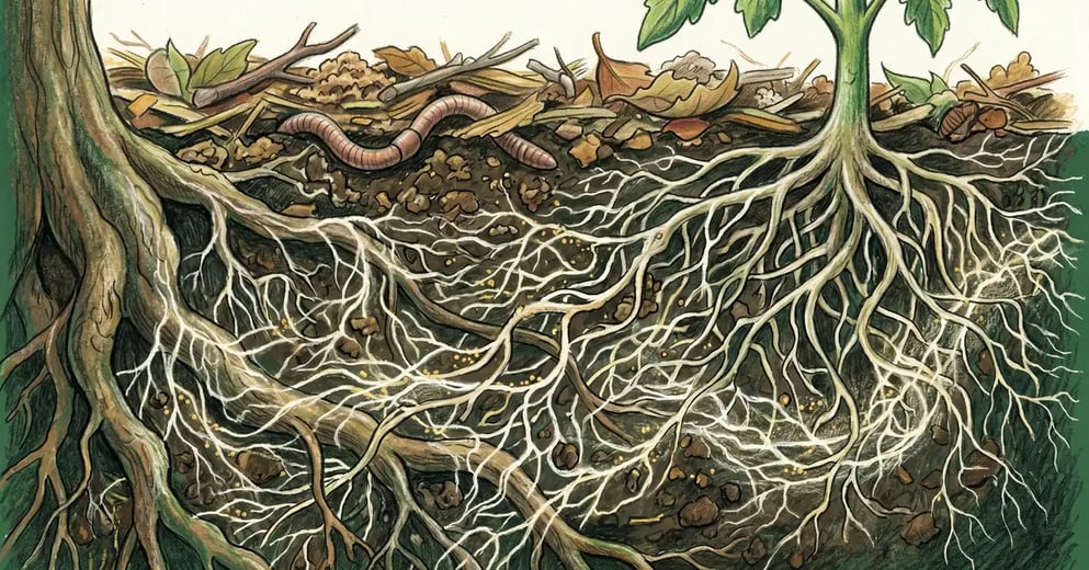 Cross-section of healthy garden soil showing tree and tomato roots intertwined with a glowing network of mycorrhizal hyphae and phosphorus particles