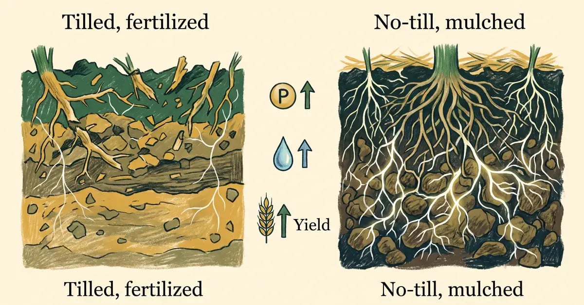 Side-by-side comparison of tilled fertilized soil with few fungal threads versus no-till mulched soil with abundant white mycorrhizal hyphae and soil aggregates