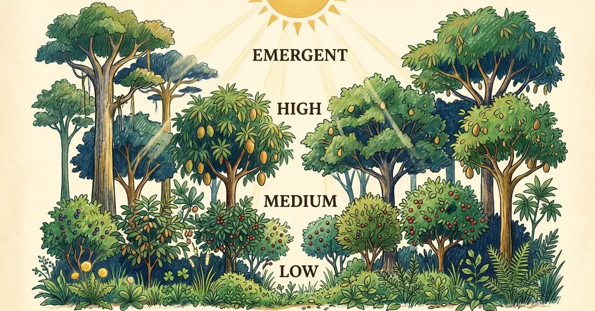 Educational diagram showing the four strata of a syntropic system from emergent canopy down to herbaceous ground layer with the sun above