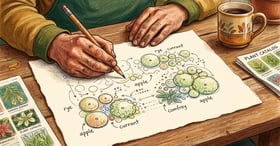 Hands sketching a syntropic guild plan with labeled circles for apple, currant, comfrey, and rye on cream paper