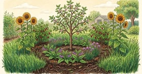 Young apple tree surrounded by concentric rings of comfrey, chives, sunflowers, currant, and a rye cover crop
